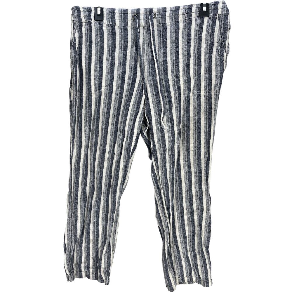 Per Se Pants Size L Linen Blend Blue White Stripe Pocket Drawstring Coastal FLAW
